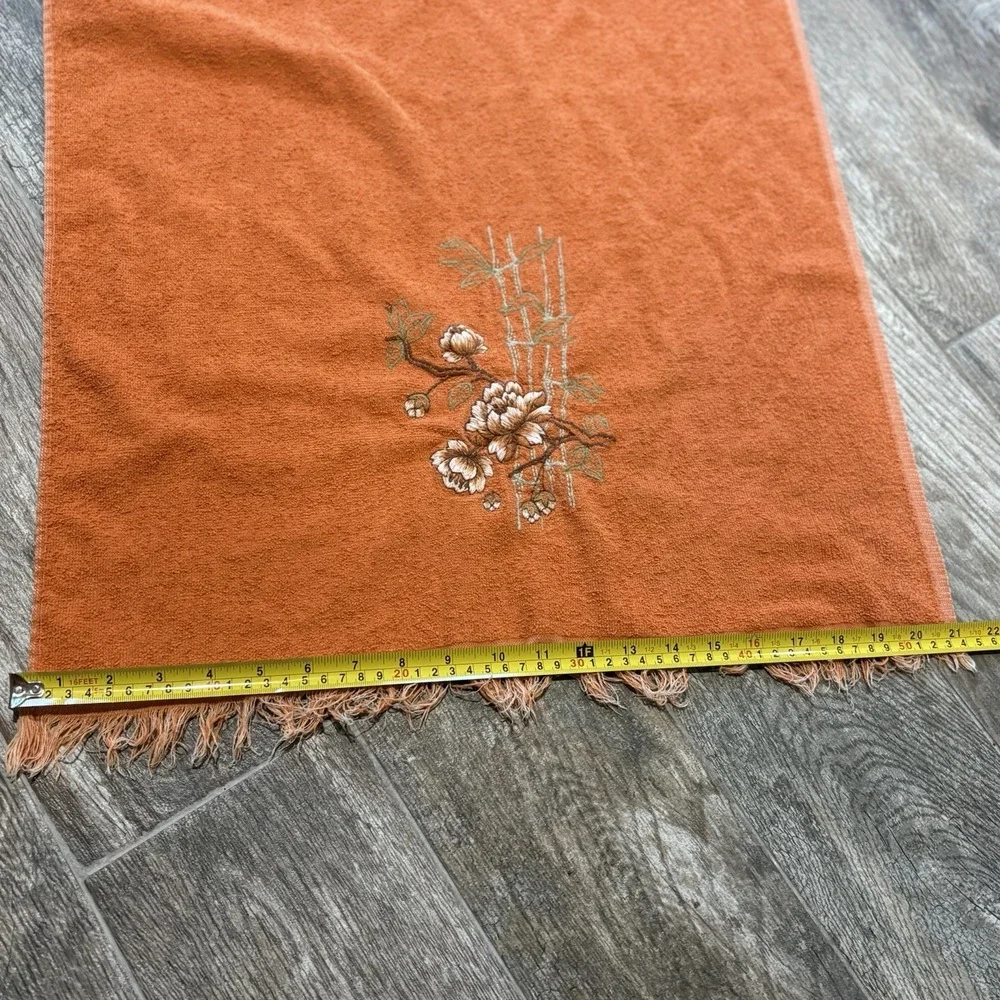 Vtg 1970s Cannon Hand Towel Fringe Embroidered Flowers MCM Orange Made USA